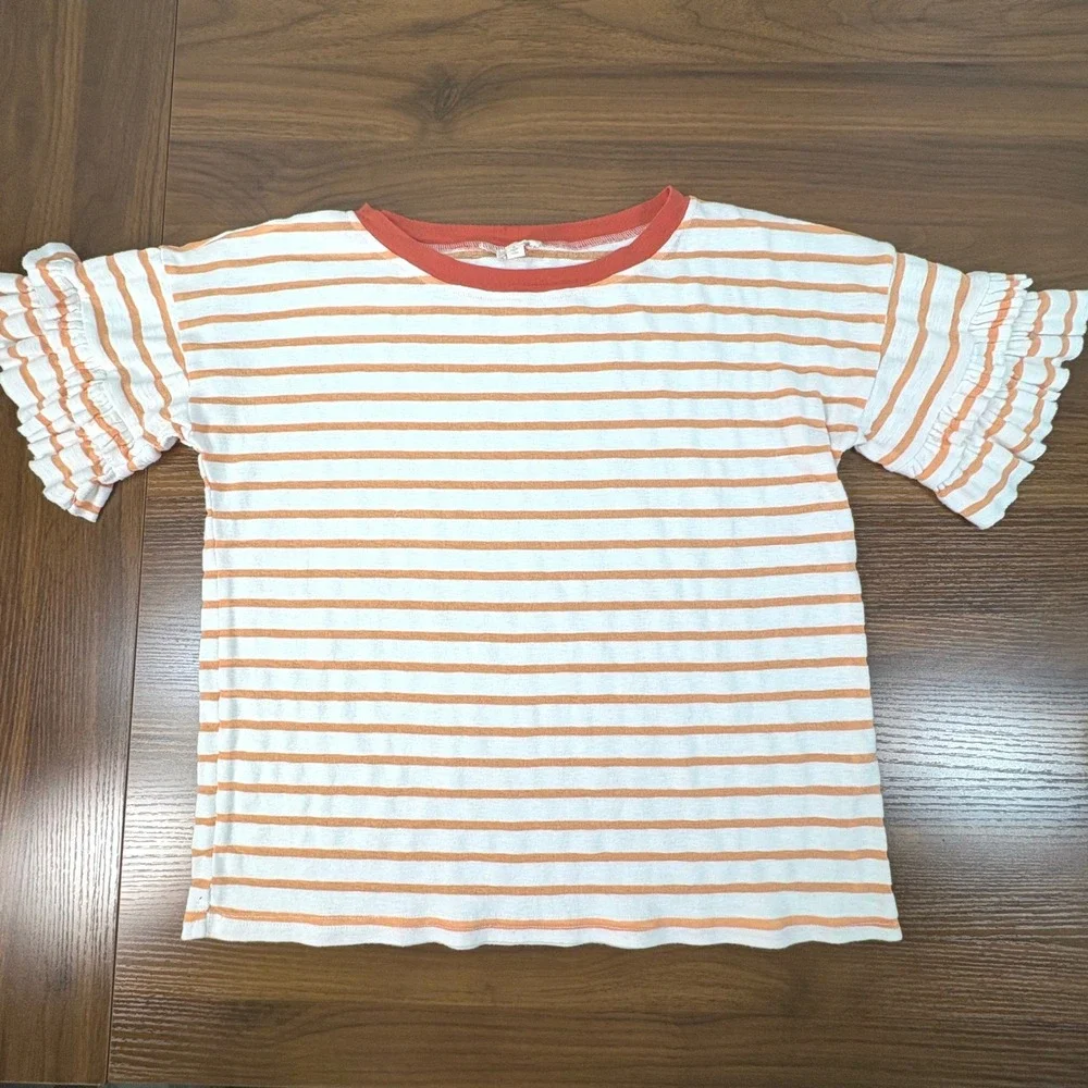 Hem &‎ Thread Womens Orange White Striped Ruffle Sleeve Knit Top Style 31858 XS